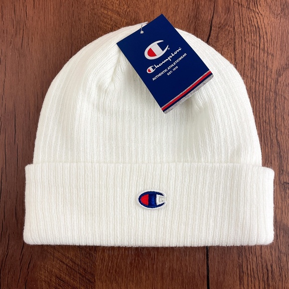 New Champion Ribbed Knit Cuff Beanie White Unisex Acrylic Warm Winter Ski Hat - Picture 2 of 4